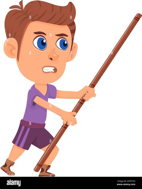 Boy with fighting stick. Attacking angry kid in cartoon style Stock ...