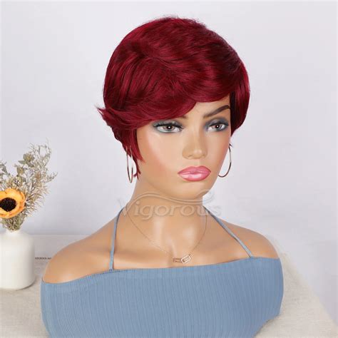 Pixie Cut Burgundy Short Hair Side Part Premium Synthetic Fibers Wig