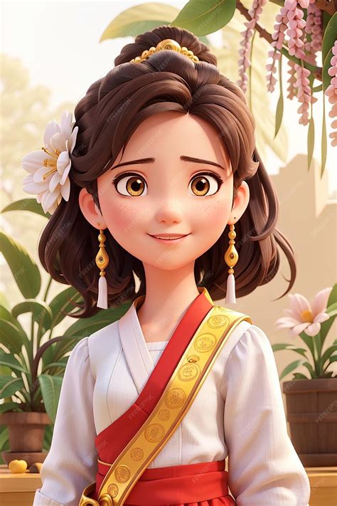 Premium AI Image | Cute girl in thailand traditional standing cartoon character hand draw art ...