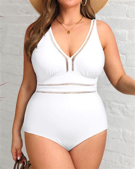 Snapklik.com : Women White Plus Size One Piece Swimsuits Sexy Hollow