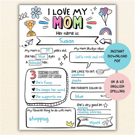 I Love My Mom Printable, All About My Mom Fill in Questionnaire, Mother