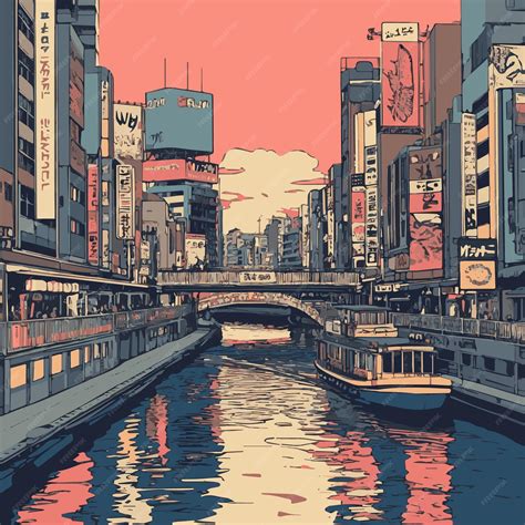 Dotonbori Vector Illustration Vibrant Osaka Nightlife Scene | Premium