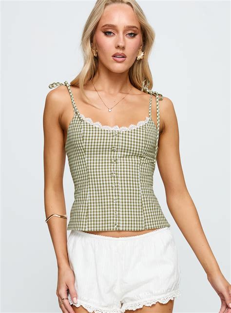 Dalanie Tie Strap Top Green Check | Princess Polly