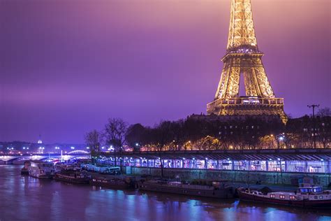 Photos Paris Eiffel Tower France Boats Coast Night Cities 2560x1708