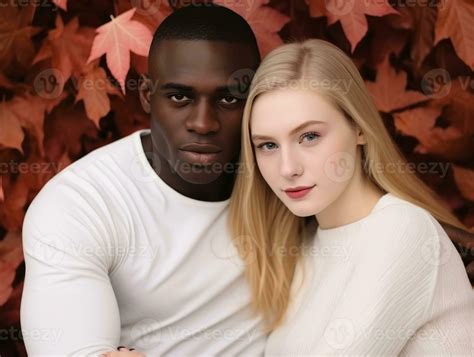 Loving interracial couple is enjoying a romantic autumn day AI