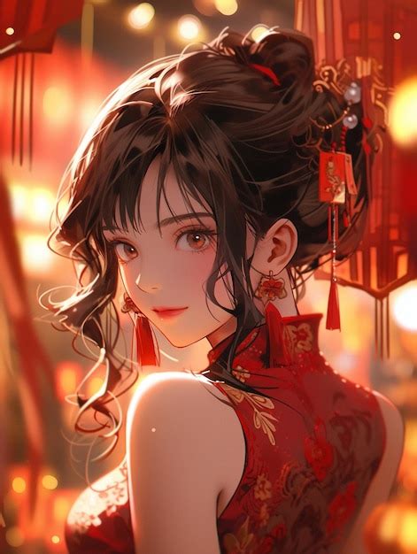 Premium Photo | Anime girl with red dress and oriental hair in front of ...