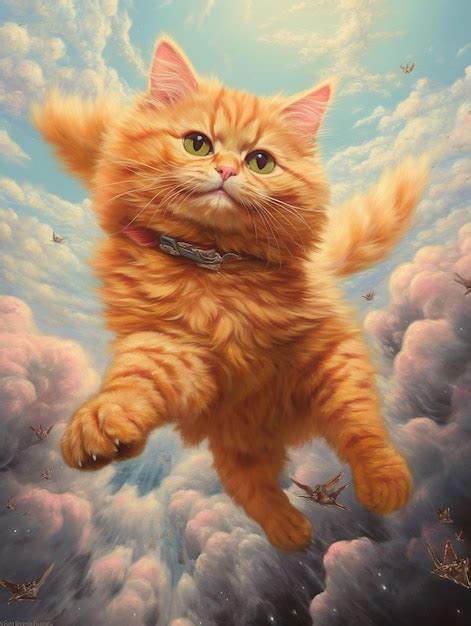 Premium AI Image | Painting of a cat flying through the sky with a collar on generative ai