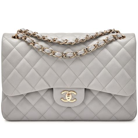 Chanel Grey Quilted Caviar Jumbo Classic Double Flap Pale Gold Hardware