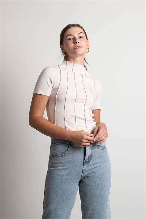 Light Pink Shirt Top - Exposed Stitch Mock Neck Top - Short Sleeve Shirt