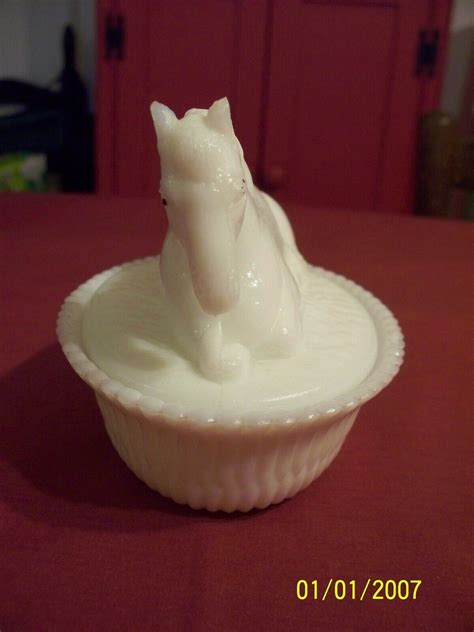 Vintage McKee Kemple Milk Glass Horse Laying on Split Rib Nest Candy