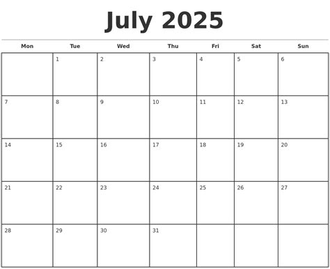July 2025 Monthly Calendar Template