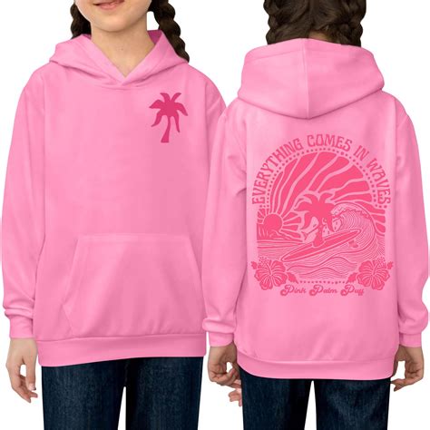 pink palm puff hoodie  teen girls kids cute preppy sweatshirt long
