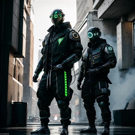 Two people in gas masks standing in a city street - SeaArt AI