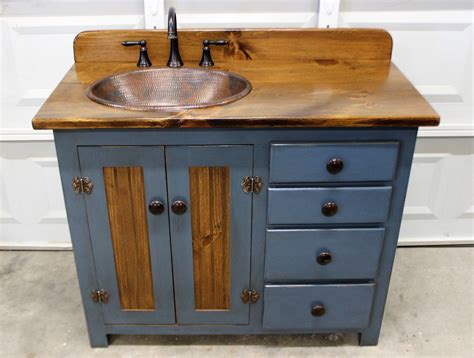 Rustic Farmhouse Vanity - Copper Sink - 42" - BLUE - Bathroom Vanity