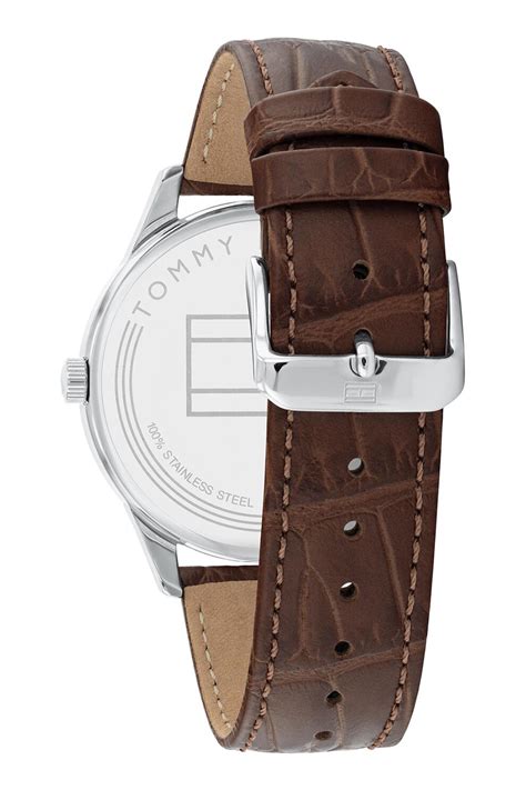 Tommy Hilfiger, Мултифункционален часовник с кожена каишка, Сребрист ...