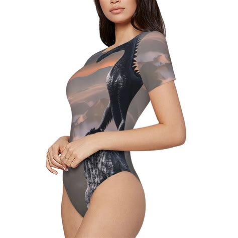Uemuo Black Dragon Cliff Dawn Pattern Women's One Piece Short Sleeve