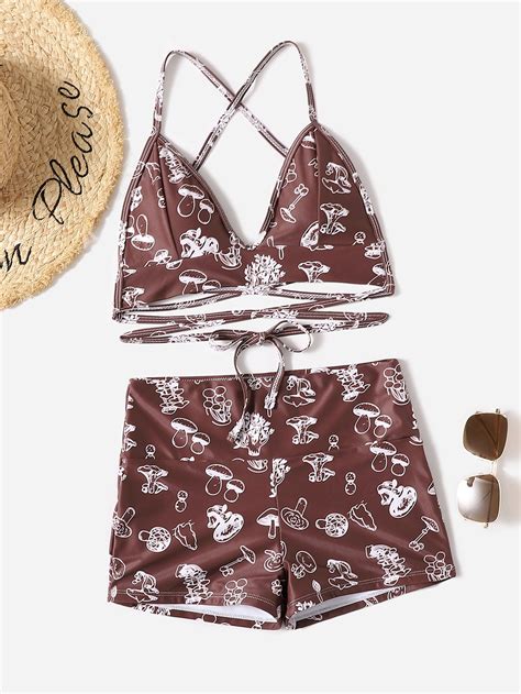 ROMWE X Gabiciamp Plant Print Lace Up Bikini Swimsuit | SHEIN UK