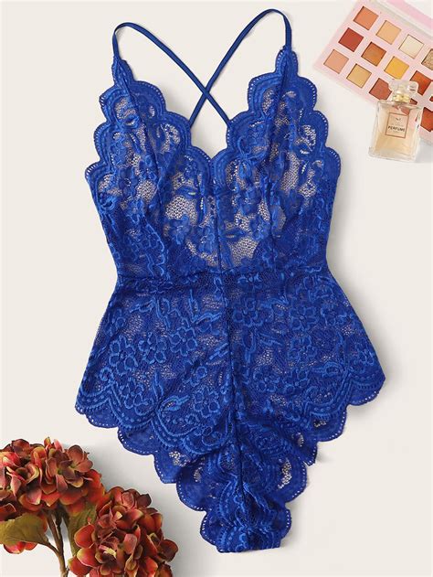 Scallop Floral Lace Teddy Bodysuit Lingerie | SHEIN USA