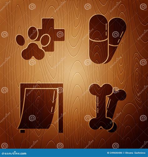 Set Dog Bone, And Pills, Paw Print, Medicine Bottle, Veterinary Clinic