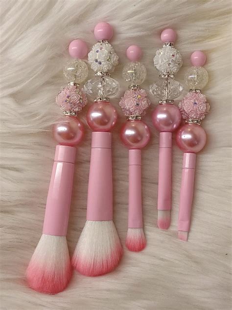 custom pink white bling makeup brush set  piece custom beaded glam