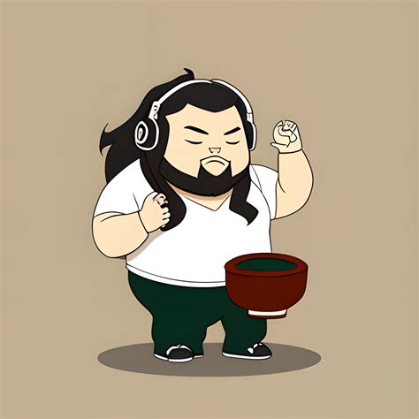 chibi fat man with long hair, wearing a white gym shirt, holding a