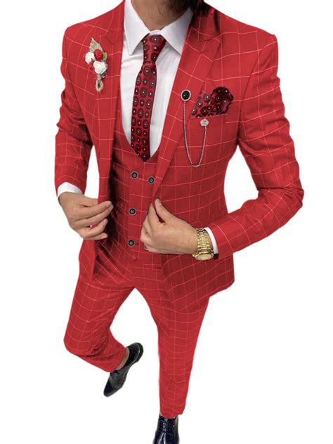 piece red mens suits checked suit  weddings  business