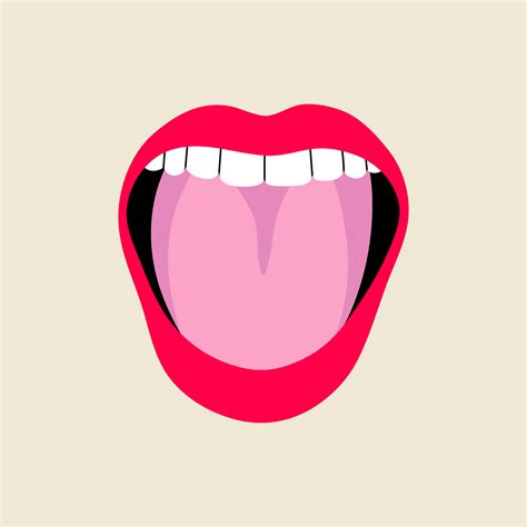 Open female human mouth with tongue in modern flat, line style. Hand
