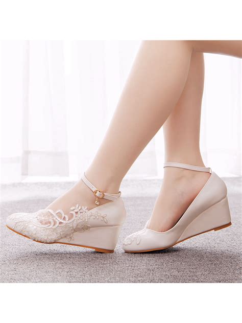 Round Toe Lace Ankle Strap Wedge Heel Wedding Shoes – BABARONI