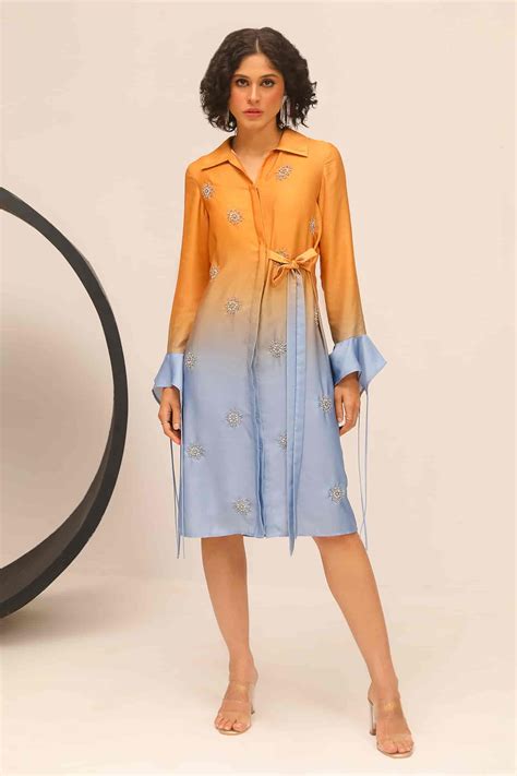 Buy Yellow Brushed Satin Hand Embroidery Crystals Collared Donna Dress