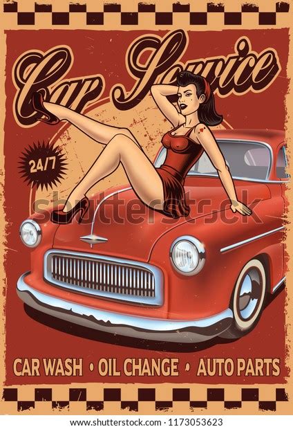 Pinup Retro Poster Girl Classic Car Stock Vector (Royalty Free) 1173053623