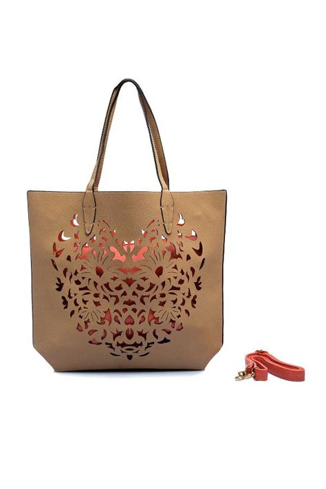 fawn exterior  peach interior cutwork tote bag  rib  rent