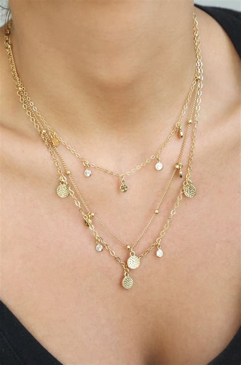Crystal Detailed Triple Layer Necklace | Gold necklace, Necklace ...