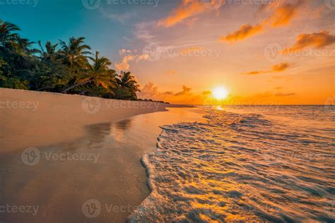 Beautiful panoramic sunset tropical paradise beach. Tranquil summer vacation or holiday ...