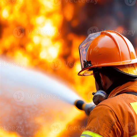 A brave firefighter battling a fierce blaze, wearing an orange uniform