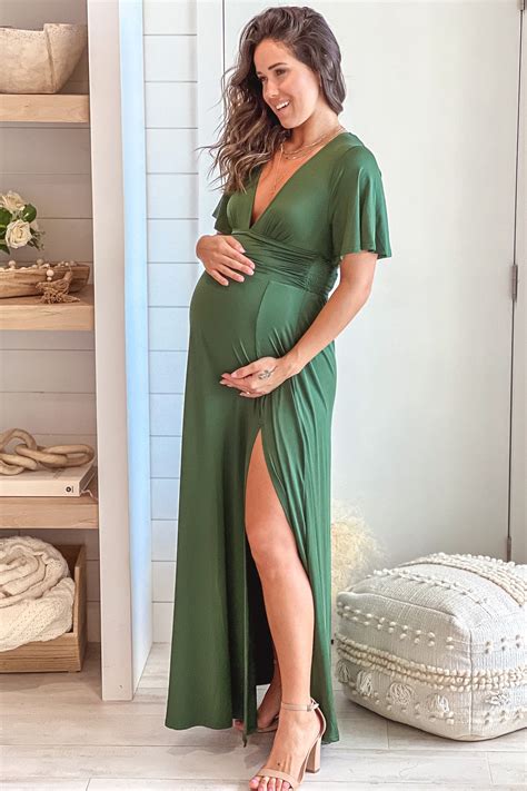 Hunter Green Maternity Maxi Dress with Slit and Short Sleeves | Saved