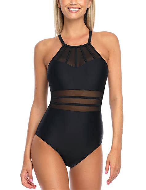 RELLECIGA Women's Black High Neck Mesh Splicing One Piece Swimsuit Size