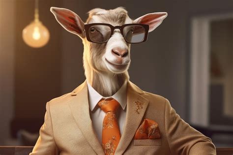 anthropomorphized goat dressed   businessman  golden tones