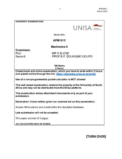 APM1612 Special exam - Exam - 1 APM March 202 1 UNIVERSITY EXAMINATIONS