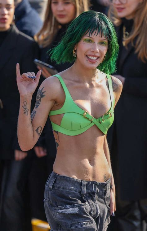 Halsey in a Neon Green Bra Arrives at the Givenchy Paris Fashion Show