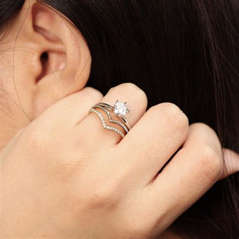 Chevron Diamond Ring, Engagement Ring Guard Ring, Diamond Double