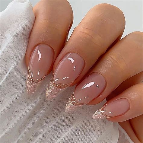 24Pcs Almond Press on Nails Medium, French Tip Nude Pink Fake Nails