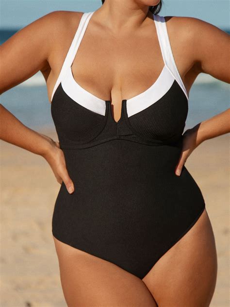 Contrast Trim Plus Size One-Piece Swimsuit & Reviews - Black