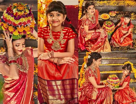 lakshmi manchu  daughter celebrate dussehra  red pattu dresses