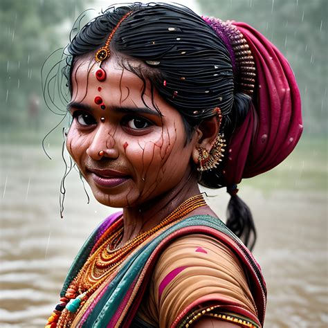 A beautiful Indian village women dancing in heavy rain, face and body
