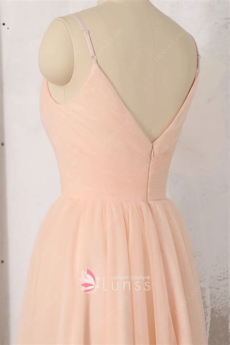 Criss-cross Pleated V-neck Peach Tulle Homecoming Dress - Lunss