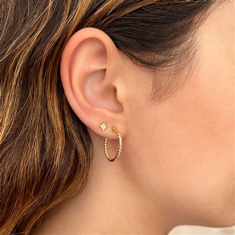 14K Gold Diamond Cut Bead Hoop Earrings – Baby Gold