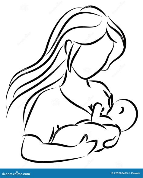 Silueta En Línea De Madre Joven Amamantando a Su Bebé Ilustración