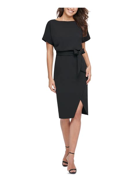KENSIE Womens Black Tie Blouson Dolman Sleeve Boat Neck Below The Knee