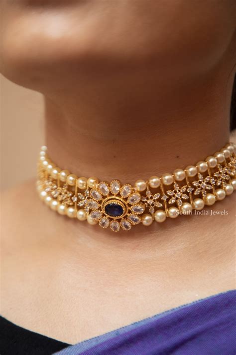 elegant ad stone pearl choker set  south india jewels choker