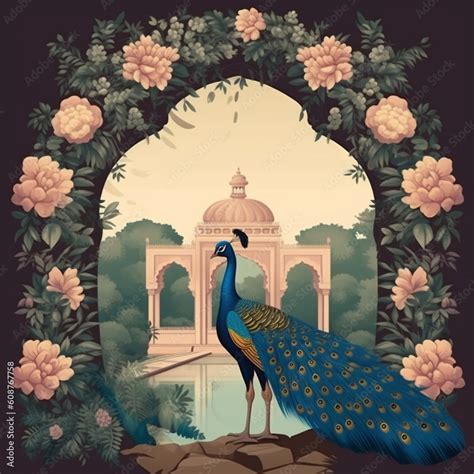 traditional mughal garden arch  peacock plants  birds stock